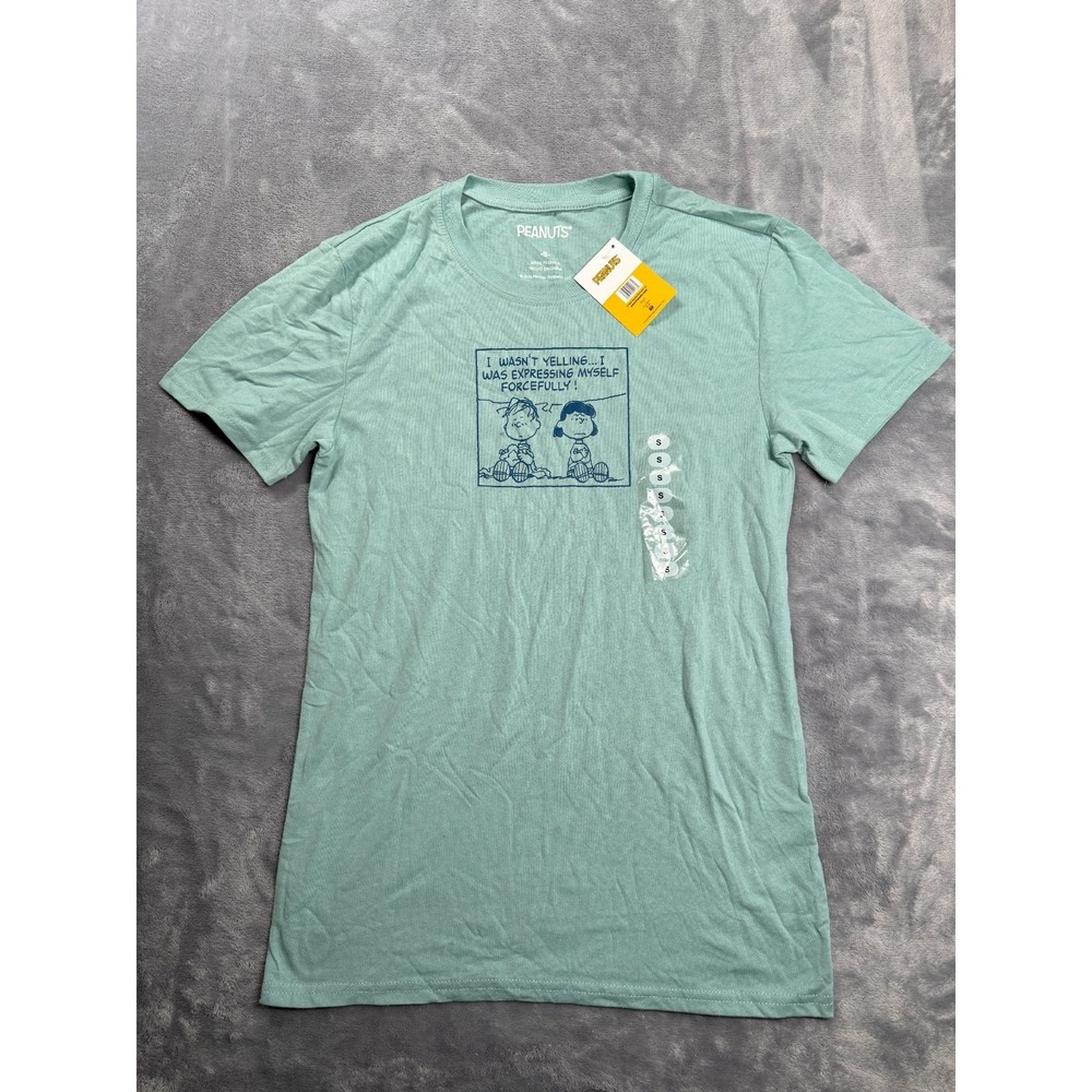 Peanuts Lucy Linus Graphic T Shirt Womens Small Green NWT “I Wasn’t Yelling”